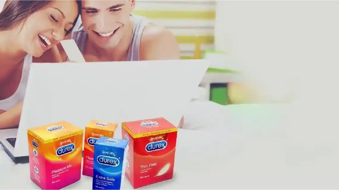 Durex condoms packages with couple in the background